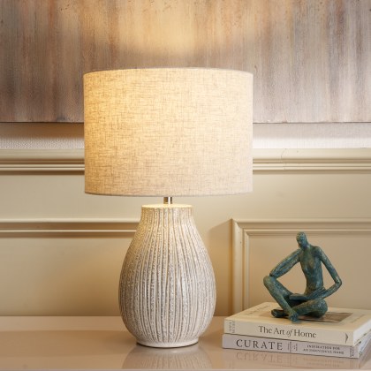 Bulbous Textured Cream Table Lamp with Linen Shade