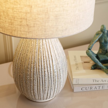 Bulbous Textured Cream Table Lamp with Linen Shade