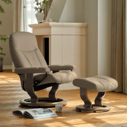 Quickship Stressless Consul - Medium Chair & Stool in Calido Fabric Smoked Oak