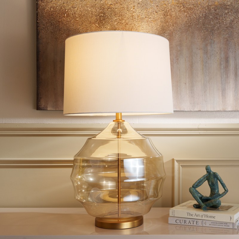 Ribbed Round Glass Lamp with Linen Shade Ribbed Round Glass Lamp with Linen Shade