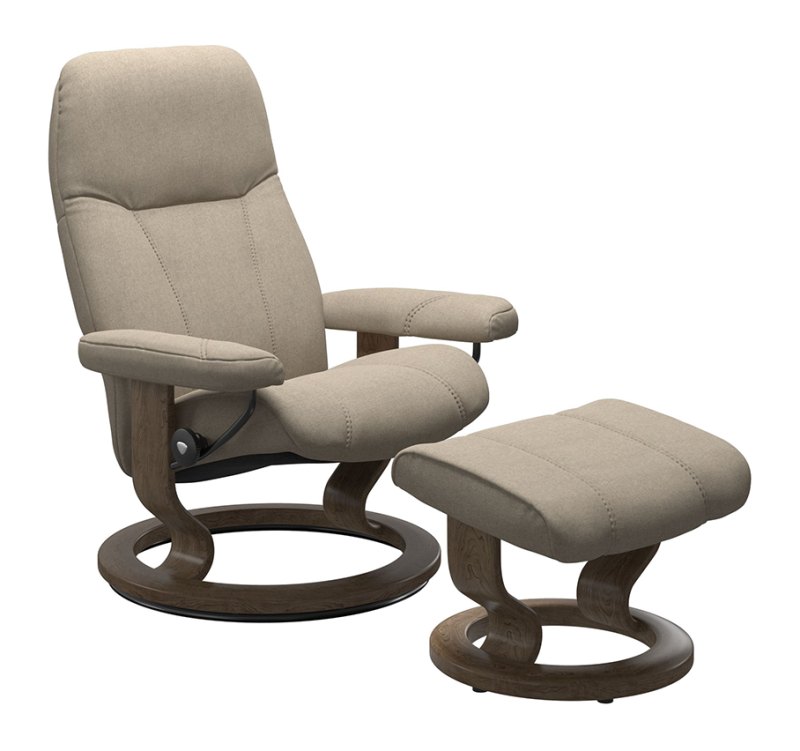 Quickship Stressless Consul - Medium Chair & Stool in Calido Fabric Smoked Oak Quickship Stressless Consul - Medium Chair & Stool in Calido Fabric Smoked Oak