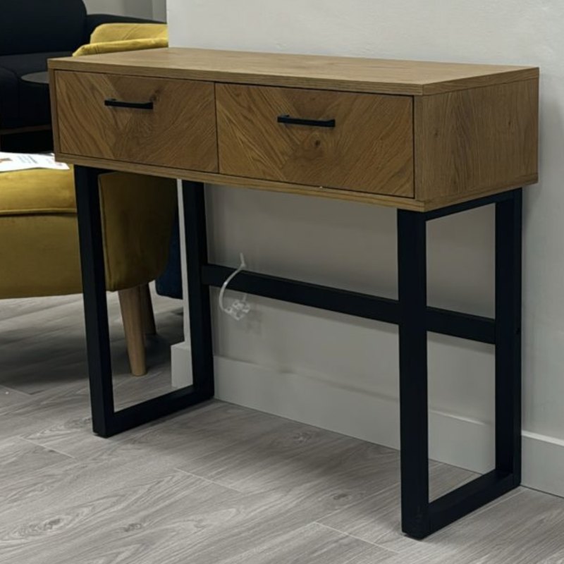 Oak and Black Metal Console Table - Two Drawers Oak and Black Metal Console Table - Two Drawers